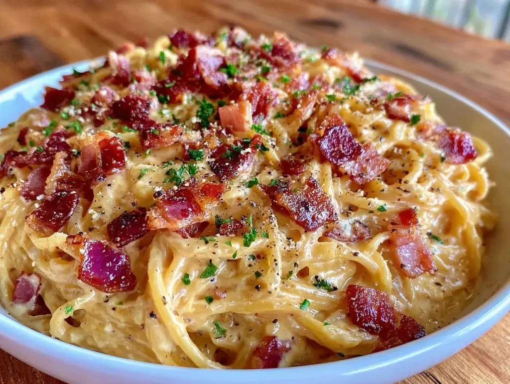 creamy one-pot spaghetti carbonara recipe - featured image