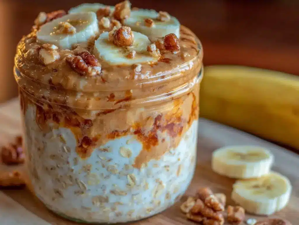 creamy overnight oats with peanut butter and banana - featured image