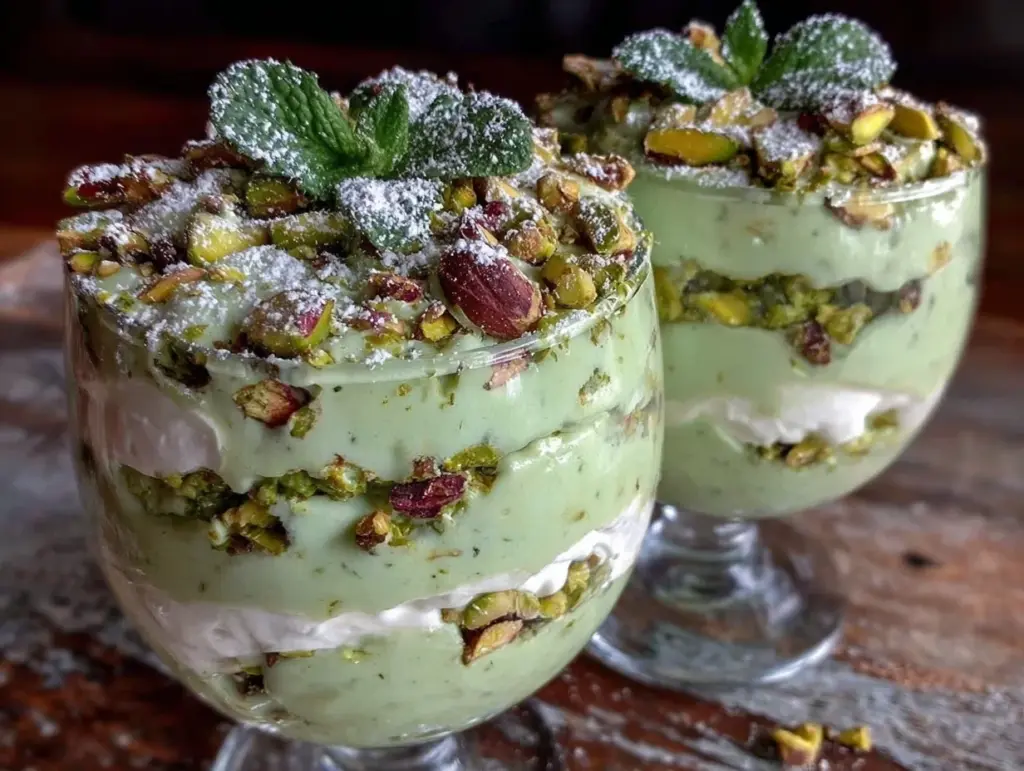 creamy pistachio mint layered pudding parfaits - featured image