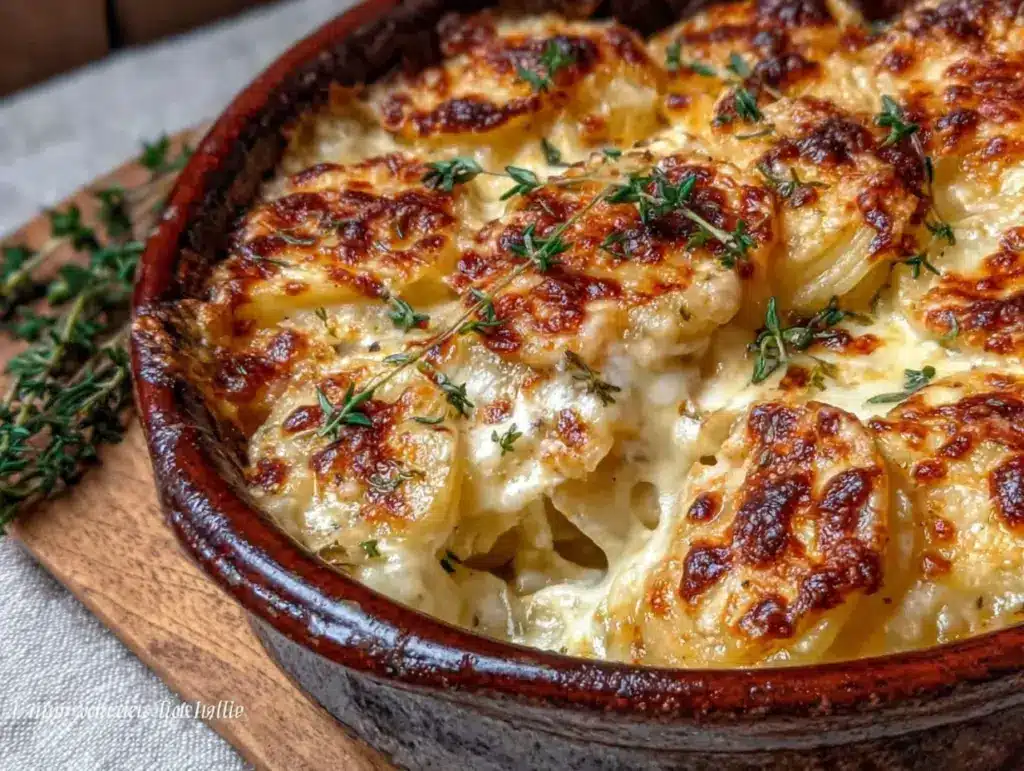 creamy scalloped potatoes with gruyere and fresh thyme - featured image