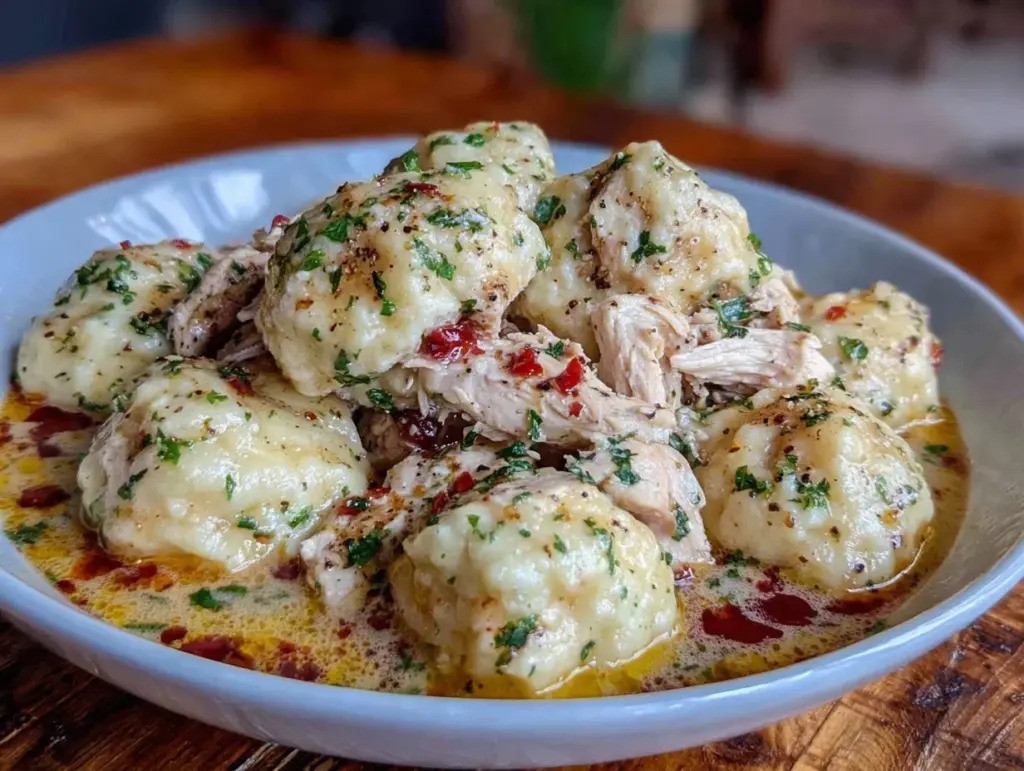 creamy slow cooker chicken and dumplings - featured image