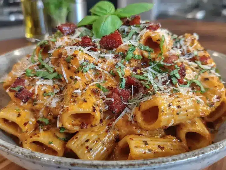Creamy Vodka Rigatoni With Crispy Pancetta Easy Homemade Recipe