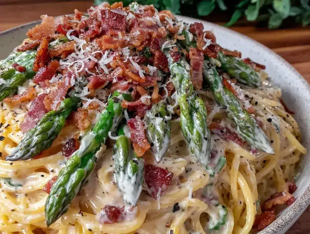 crispy asparagus carbonara - featured image