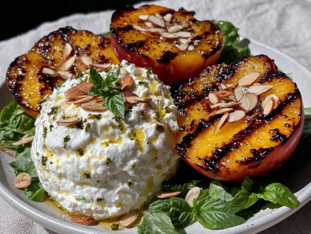 fresh grilled peach and burrata salad - featured image