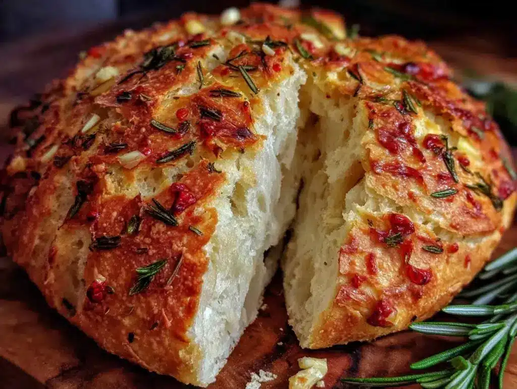 no-knead roasted garlic rosemary bread - featured image