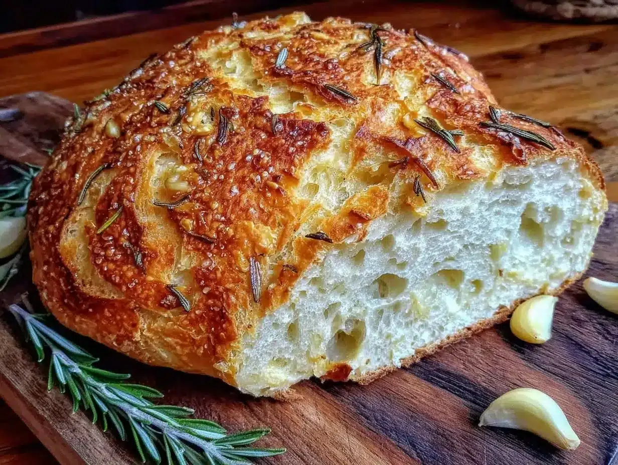 no-knead roasted garlic rosemary bread preparation steps