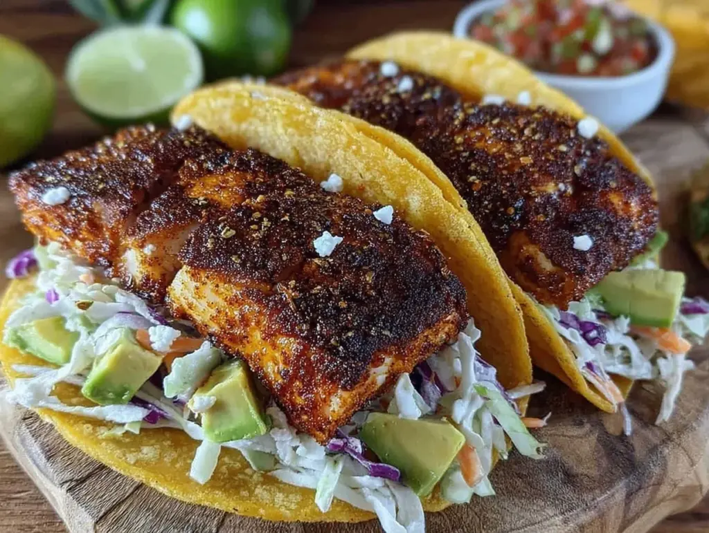 spicy crispy blackened mahi-mahi tacos - featured image
