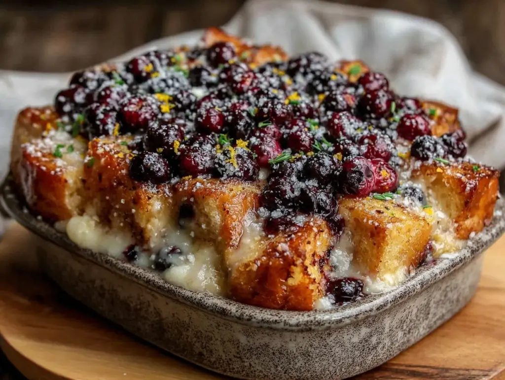 baked blueberry lemon ricotta french toast casserole - featured image