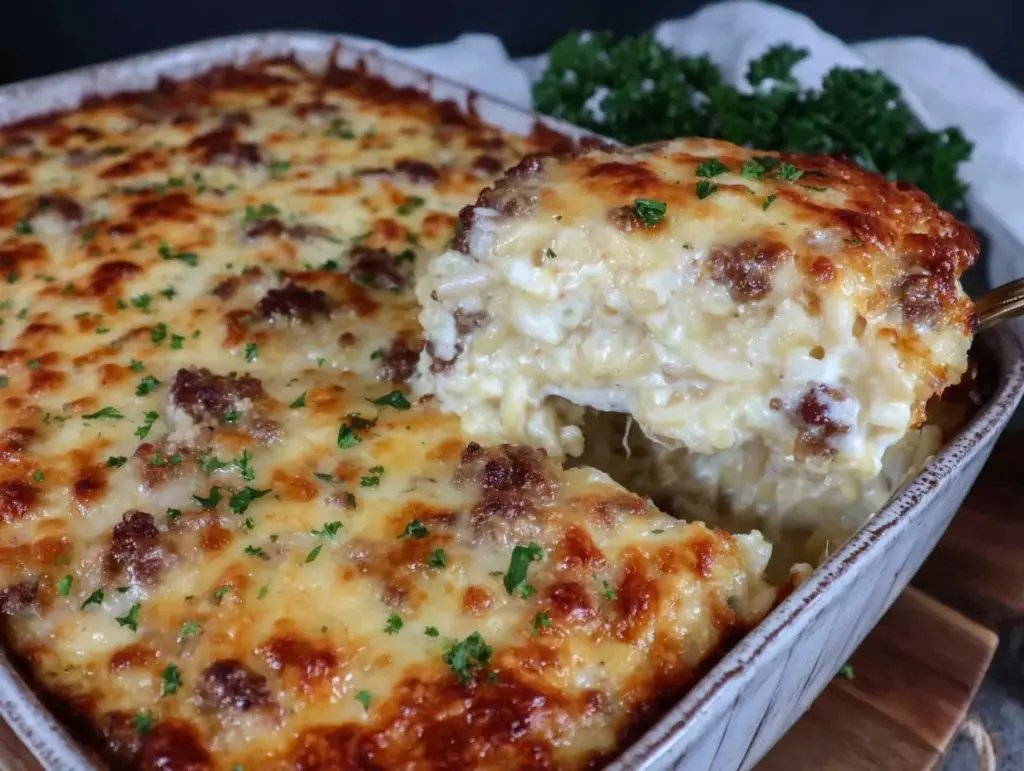 baked million dollar spaghetti casserole - featured image