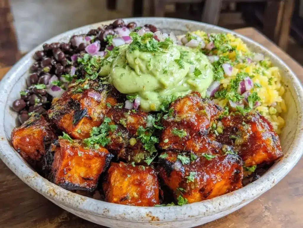 baked sweet potato black bean burrito bowls - featured image