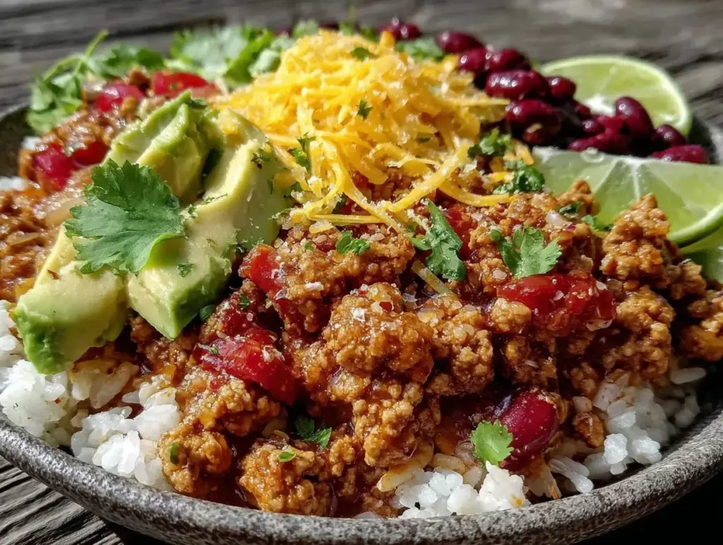 burrito bowl meal prep with seasoned ground turkey - featured image