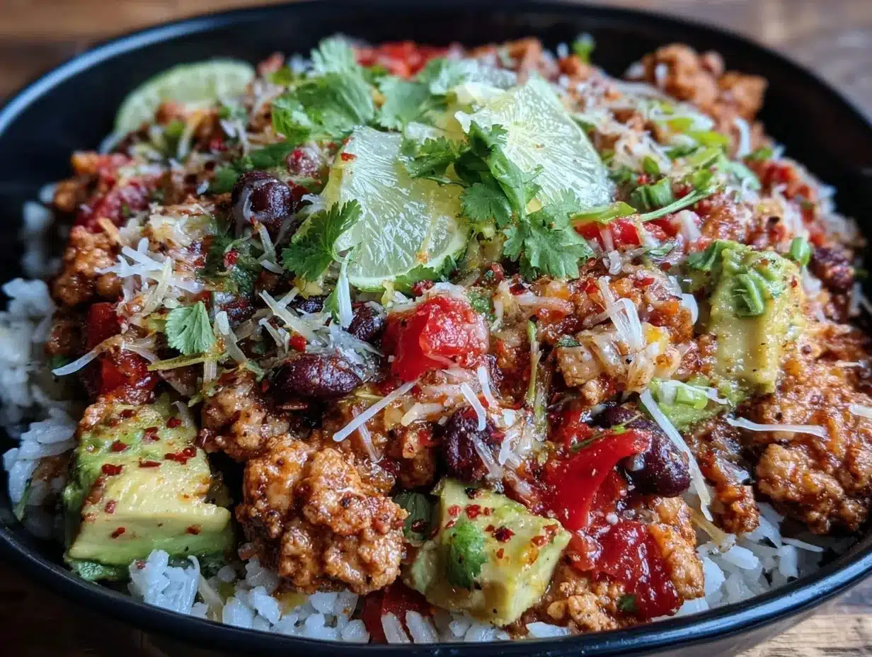 burrito bowl meal prep with seasoned ground turkey preparation steps