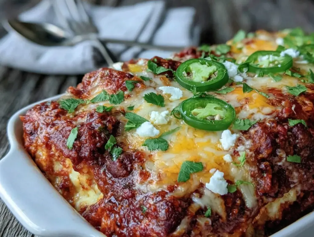 cheesy beef enchilada bake - featured image