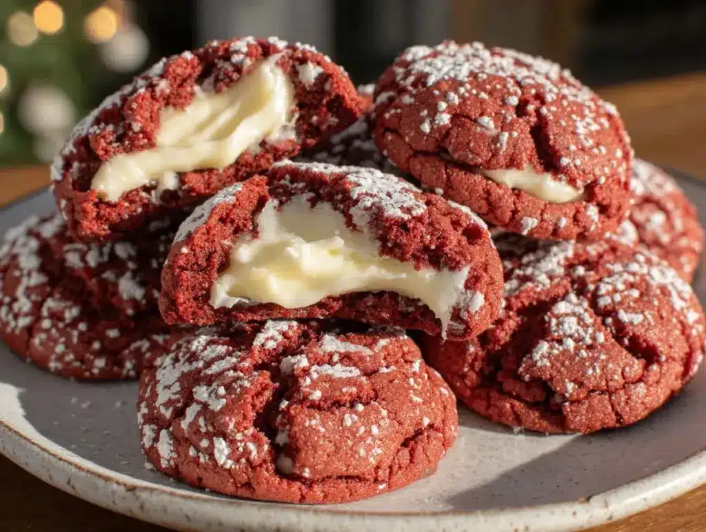 chewy red velvet crinkle cookies with cream cheese centers - featured image