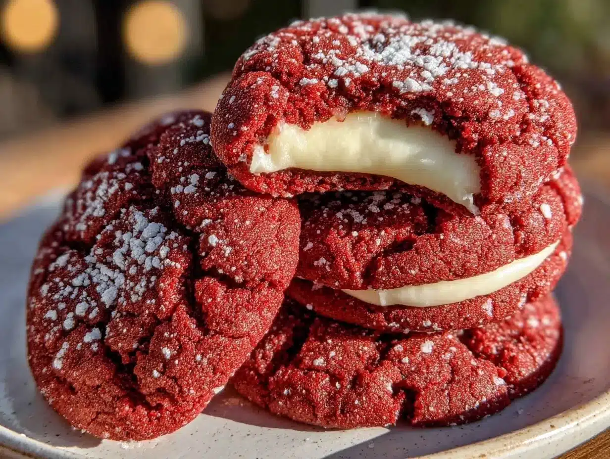 chewy red velvet crinkle cookies with cream cheese centers preparation steps