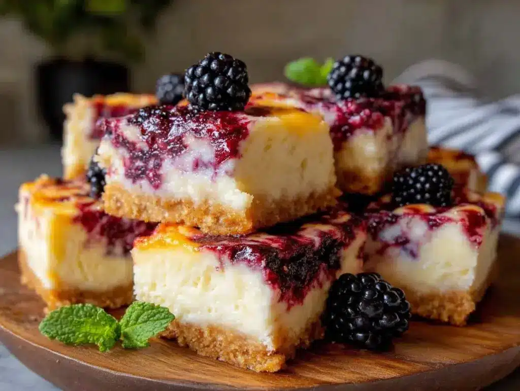 creamy blackberry swirl cheesecake bars - featured image