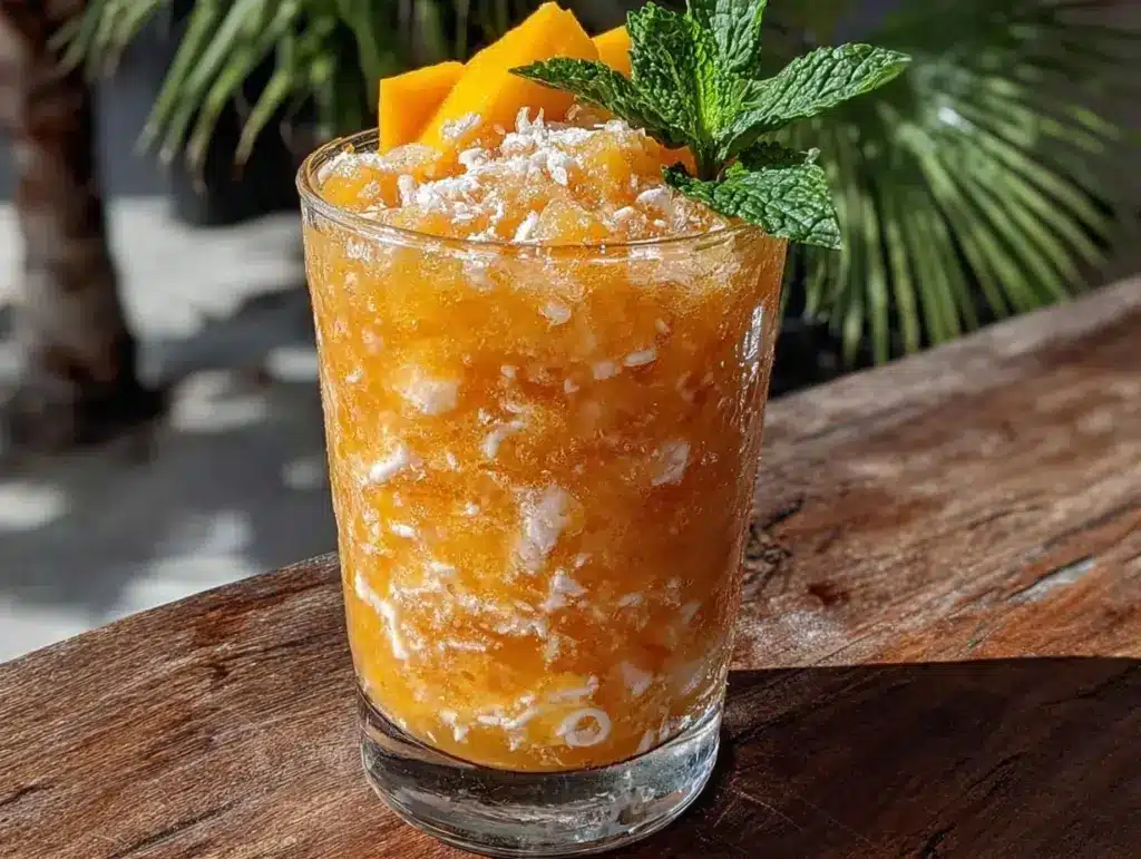 creamy frozen mango coconut slushie - featured image
