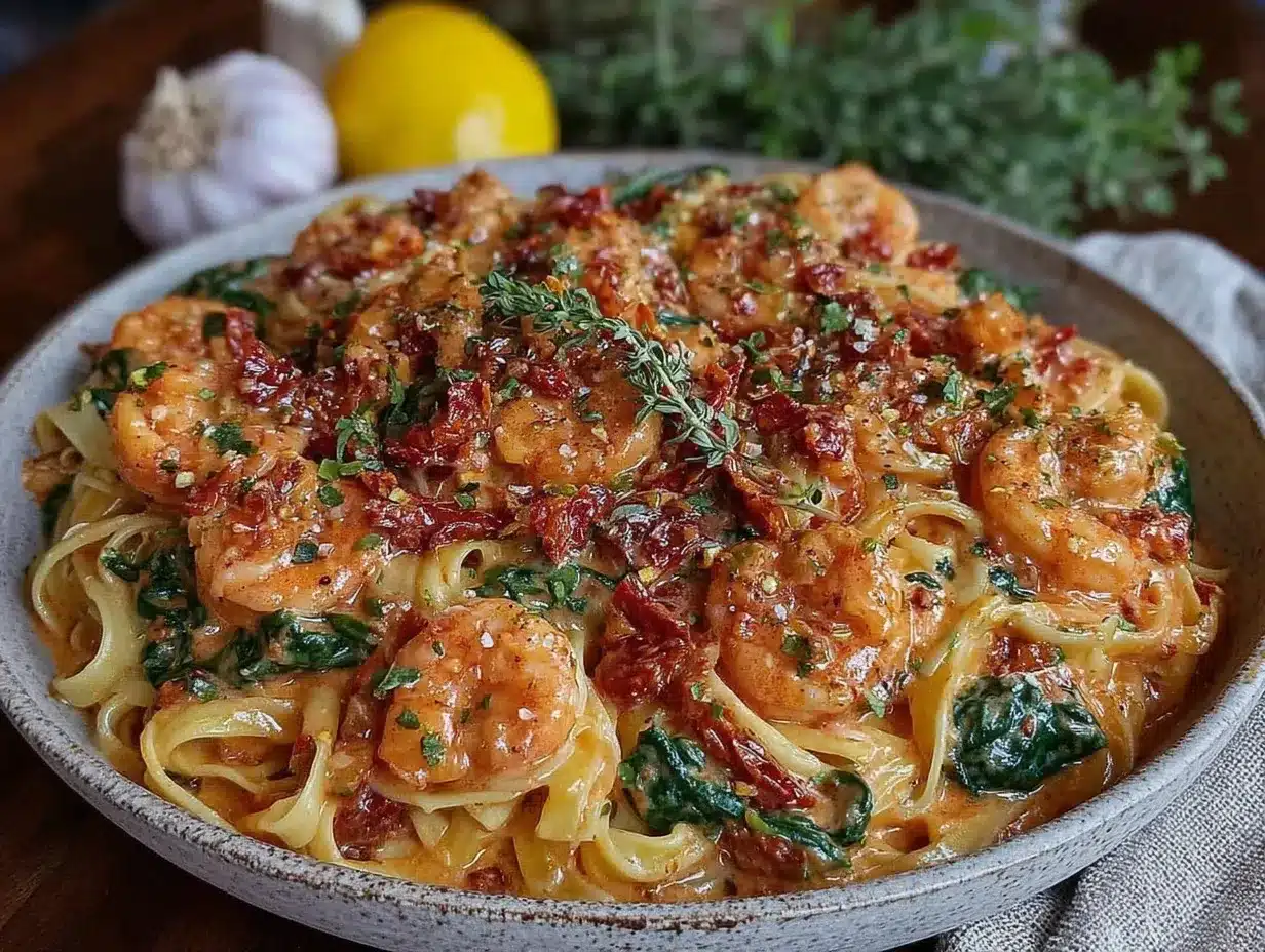 creamy garlic tuscan shrimp pasta preparation steps