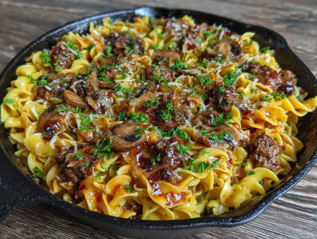 creamy ground beef stroganoff skillet - featured image