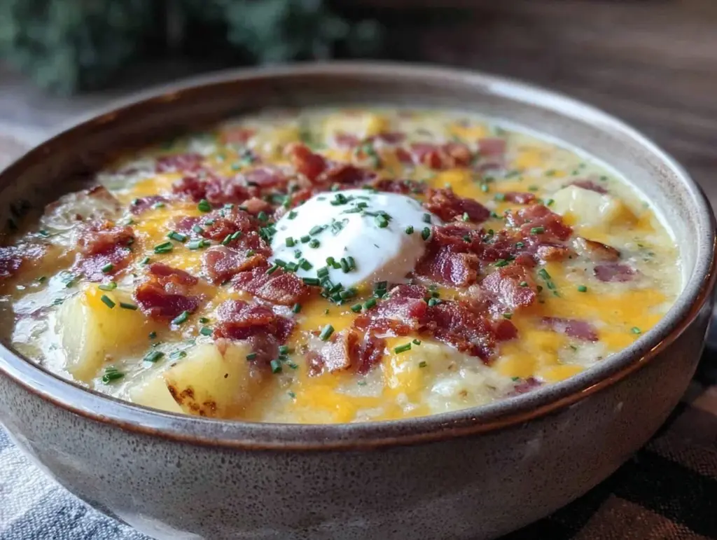creamy loaded potato soup with bacon and cheese - featured image