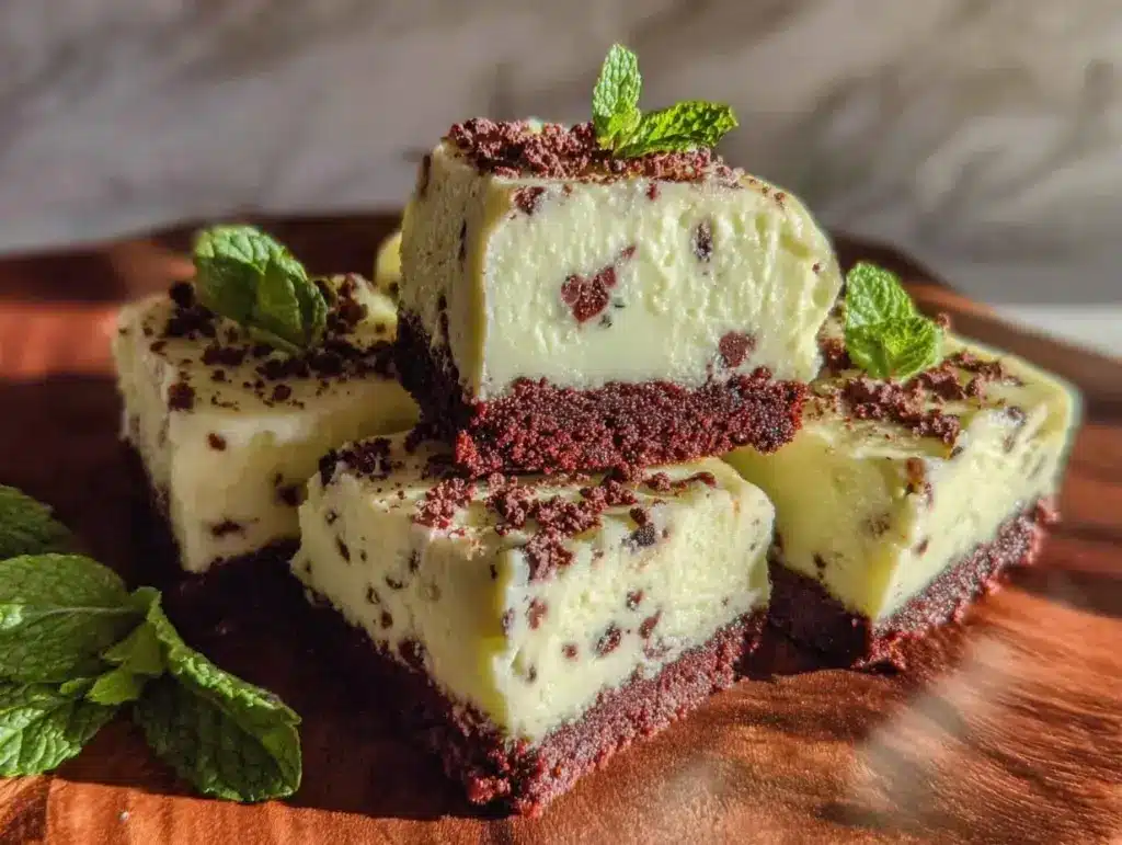 creamy mint chocolate chip cheesecake bars - featured image