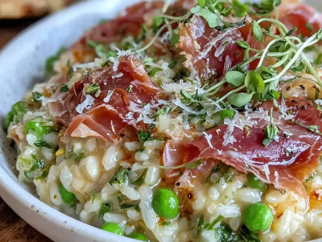 creamy spring pea and prosciutto risotto - featured image