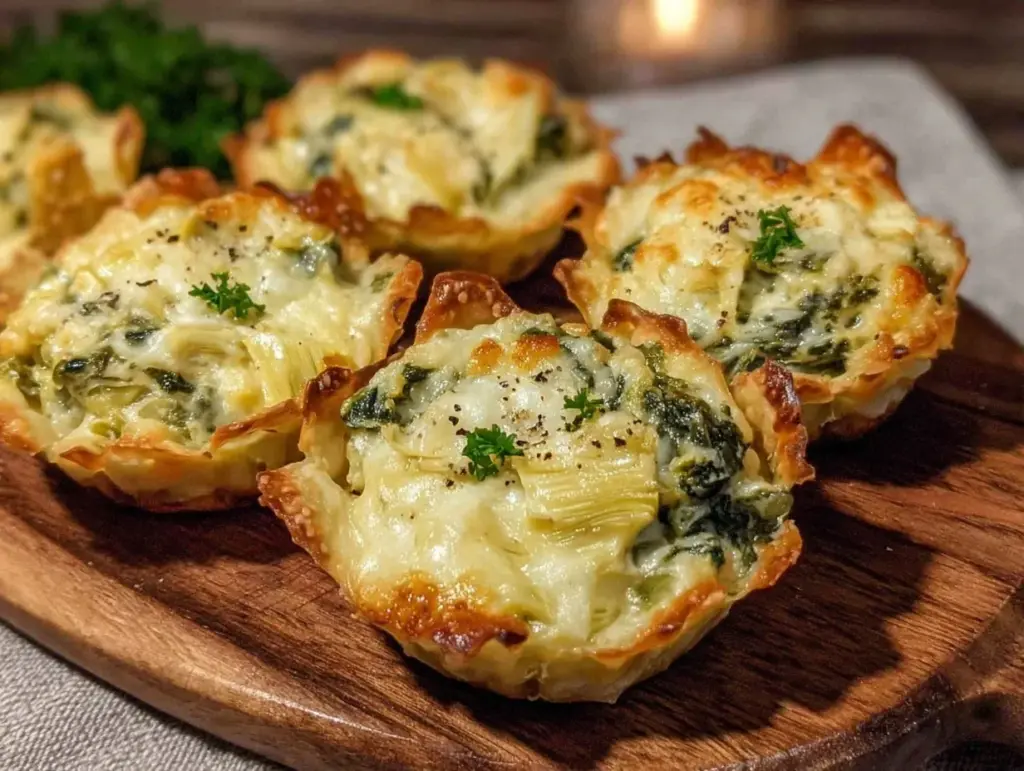 crispy baked spinach and artichoke dip cups - featured image