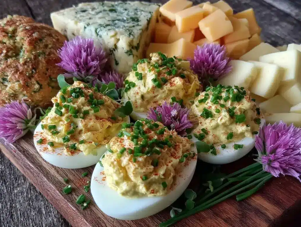 Easter themed snack board with deviled eggs - featured image