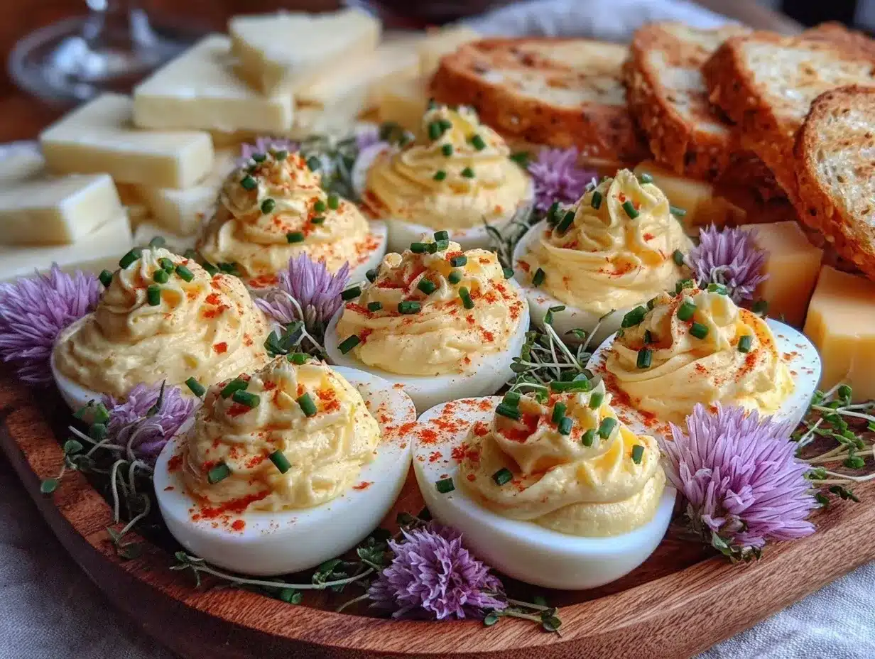 Easter themed snack board with deviled eggs preparation steps