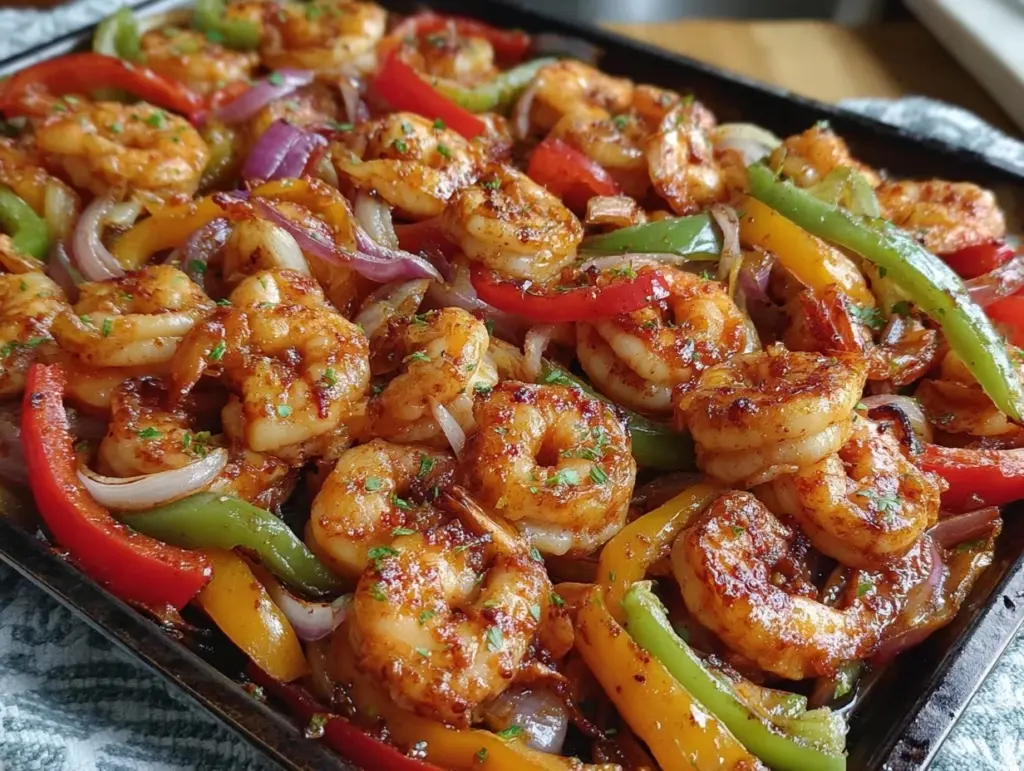 easy sheet pan fajita shrimp - featured image