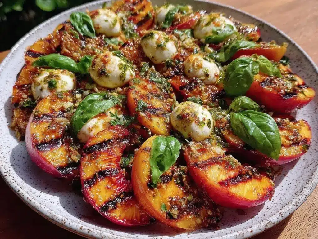 fresh grilled peach caprese salad - featured image