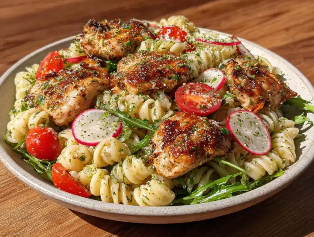 fresh lemon herb chicken pasta salad - featured image