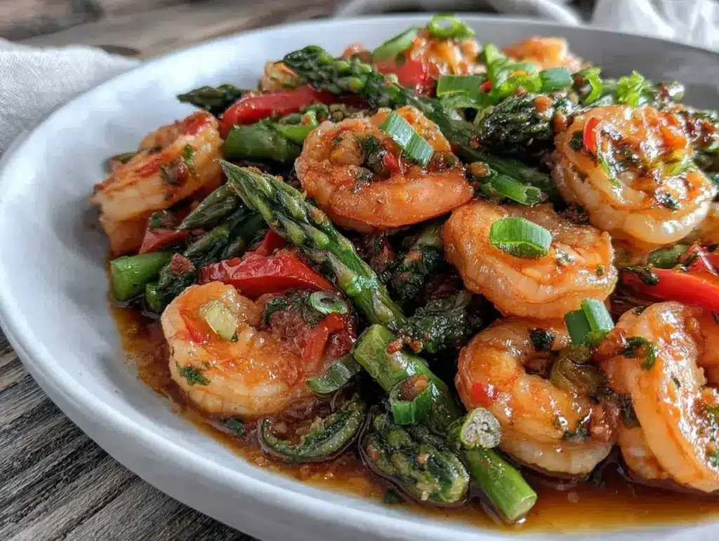 fresh light spring shrimp and asparagus stir fry - featured image