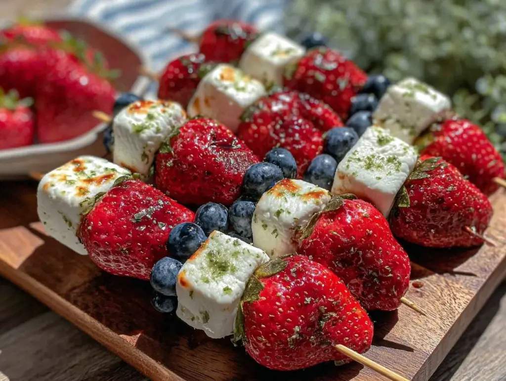 fresh red white and blue fruit kabobs - featured image