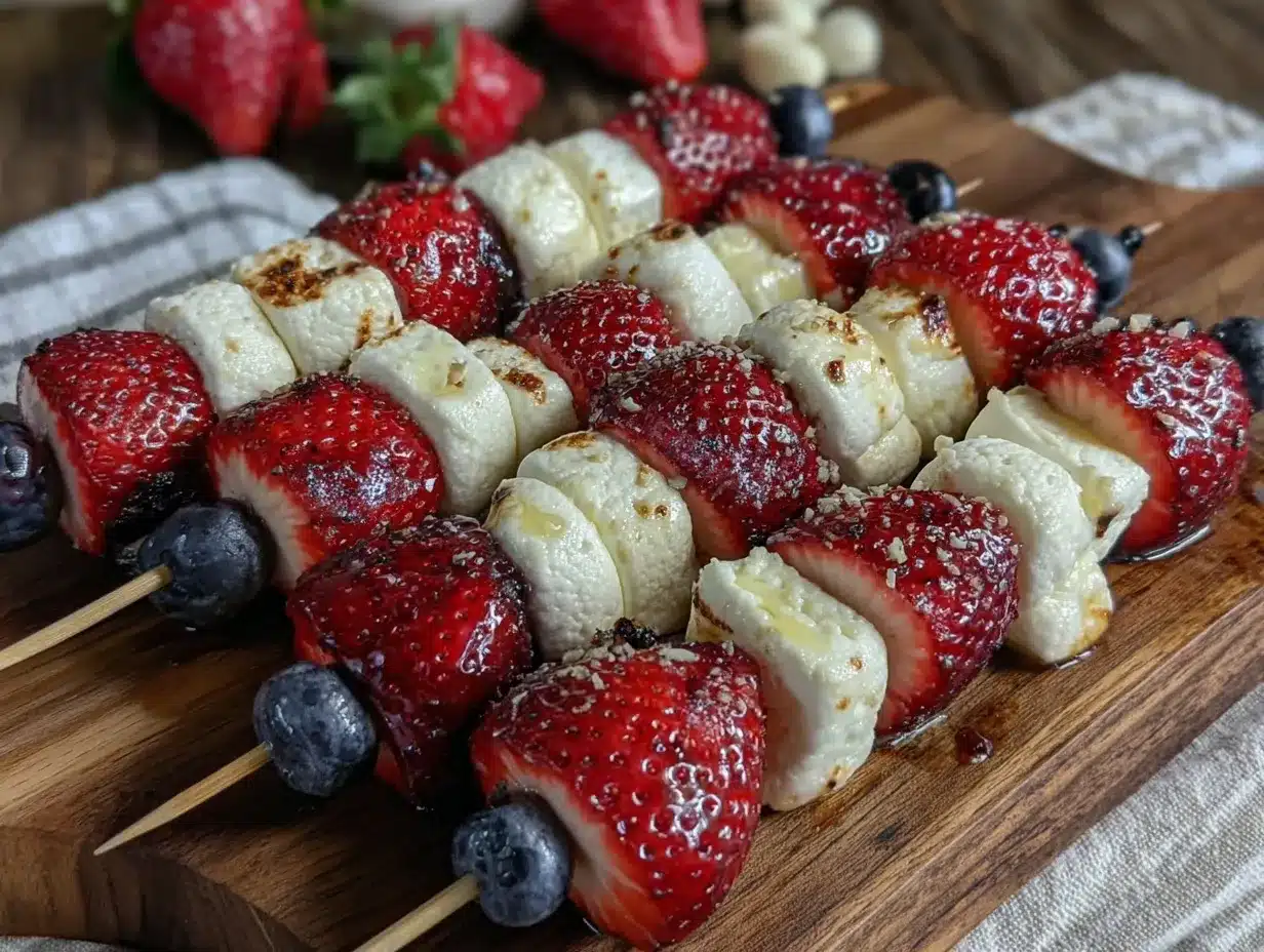 fresh red white and blue fruit kabobs preparation steps