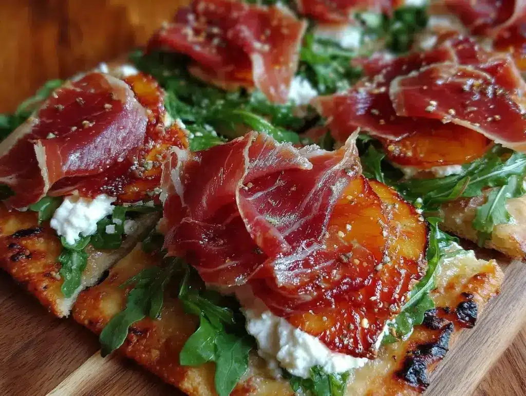 grilled peach and prosciutto flatbread - featured image