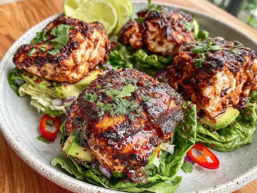 healthy grilled chicken and avocado lettuce wraps - featured image