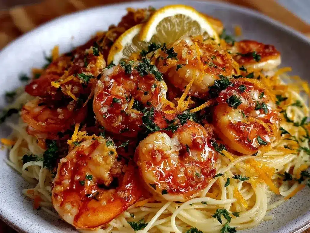 lemon butter garlic shrimp angel hair pasta - featured image