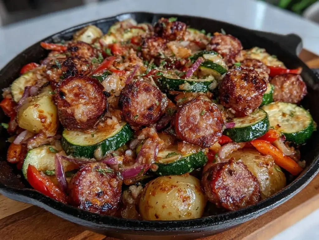 one-skillet summer sausage and veggie bake - featured image