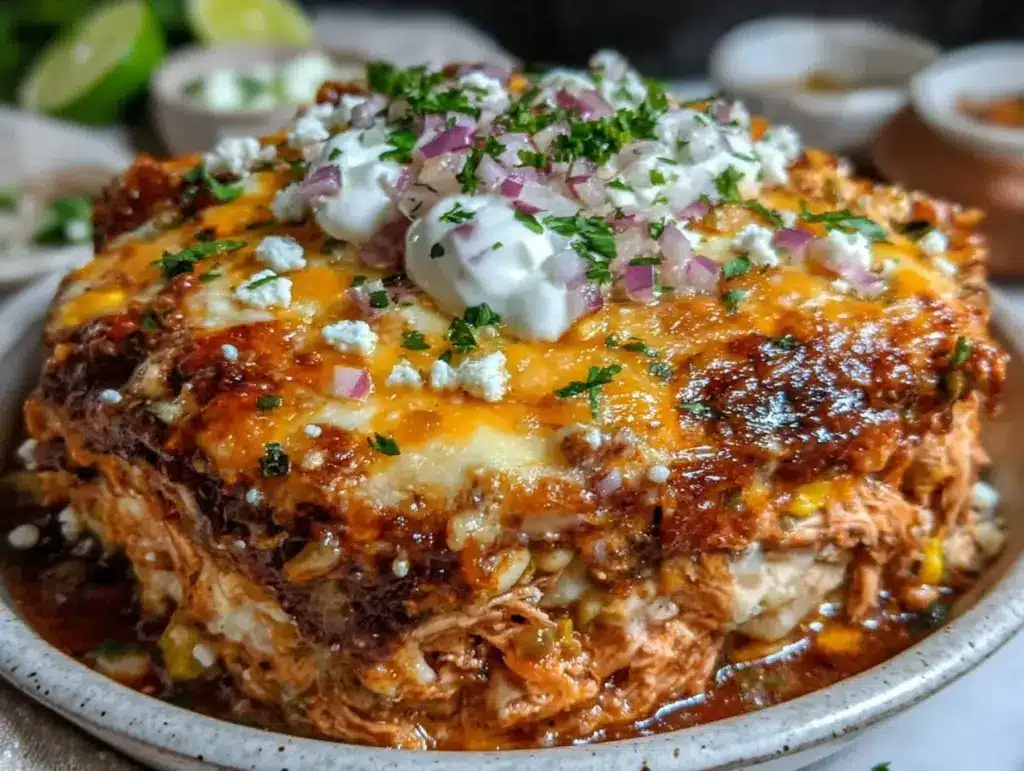 slow cooker chicken enchilada casserole - featured image