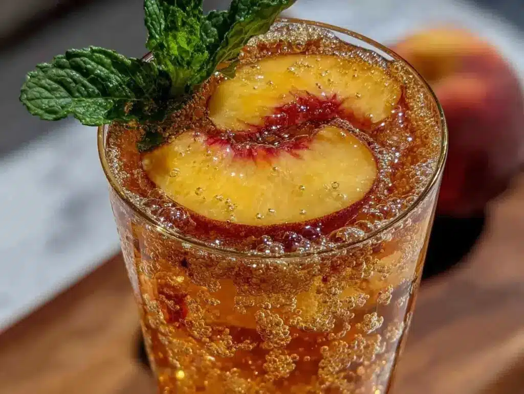 sparkling peach ginger lemonade mocktail - featured image