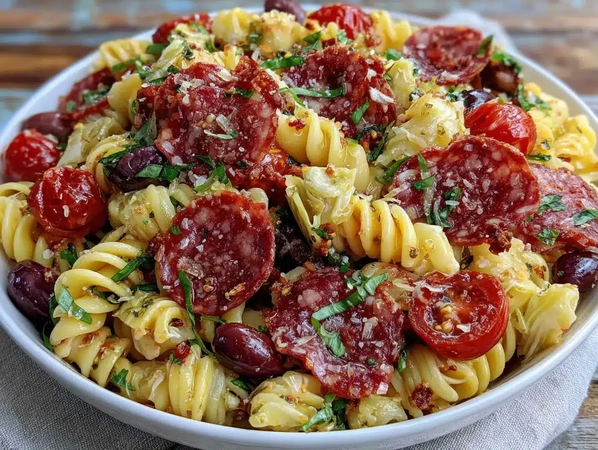 spicy italian antipasto pasta salad preparation steps