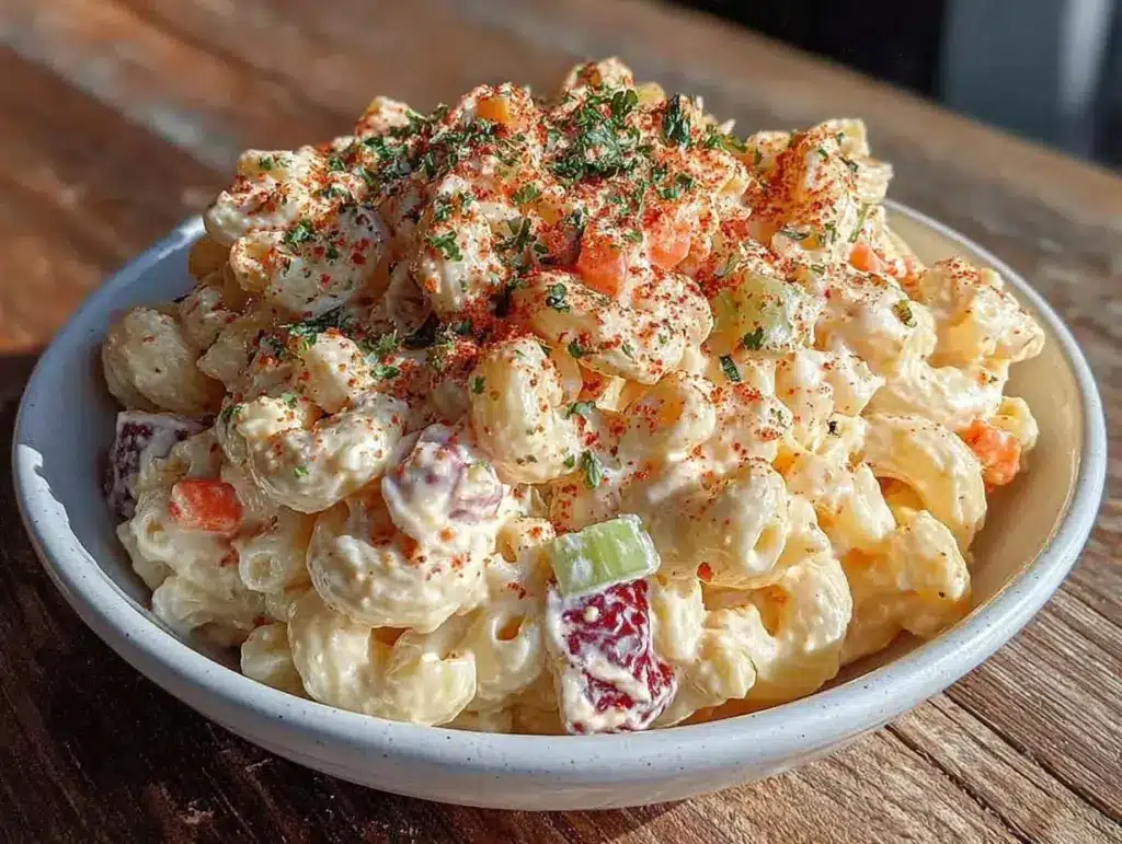 classic creamy old-fashioned macaroni salad recipe - featured image