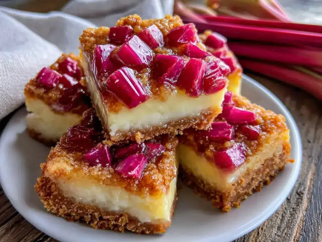 creamy rhubarb custard bars - featured image