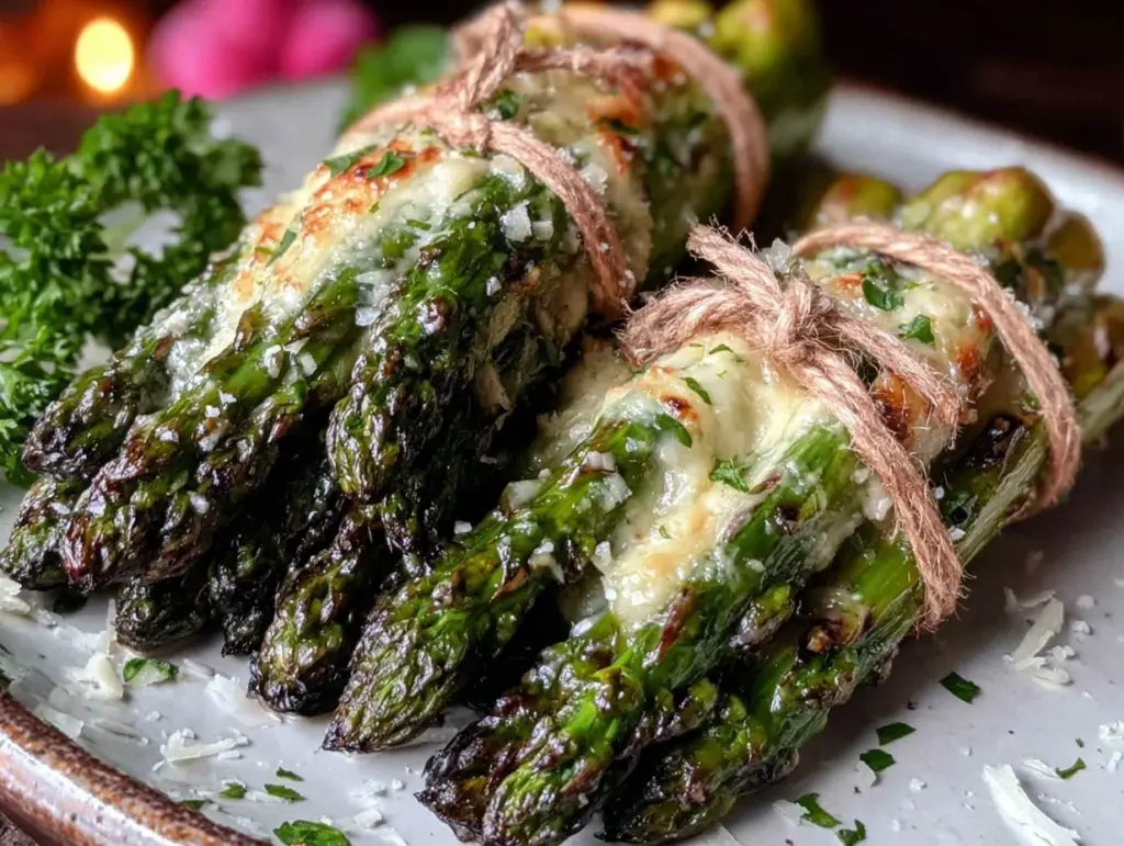 crispy garlic parmesan roasted asparagus bundles - featured image