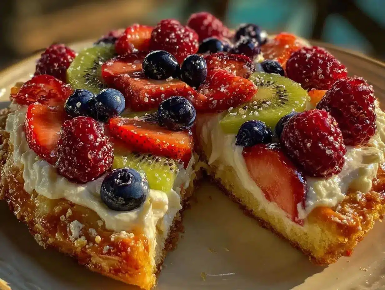 easy creamy fruit pizza on sugar cookie preparation steps