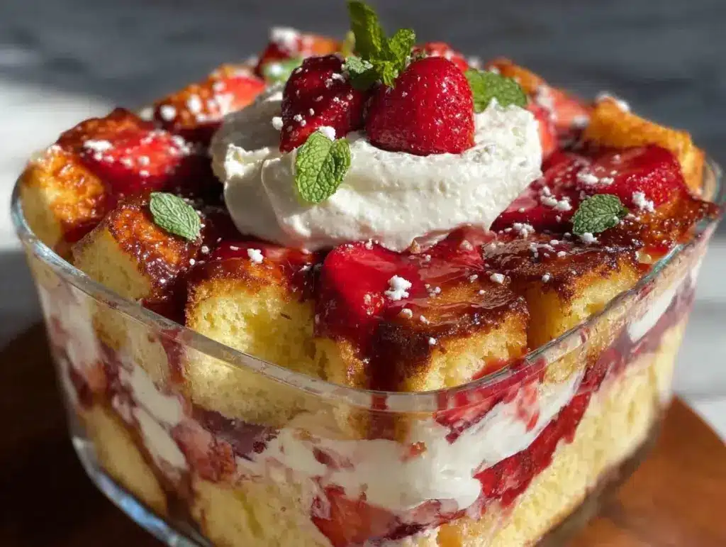 easy creamy strawberry shortcake trifle - featured image