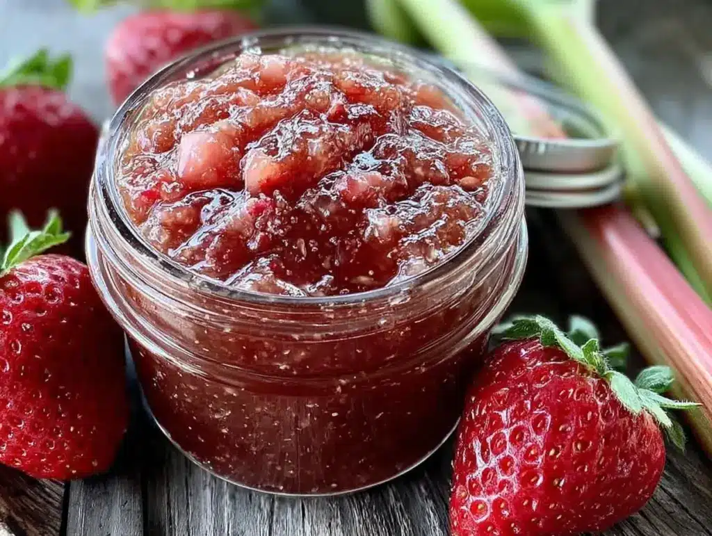 easy homemade strawberry rhubarb jam without pectin - featured image