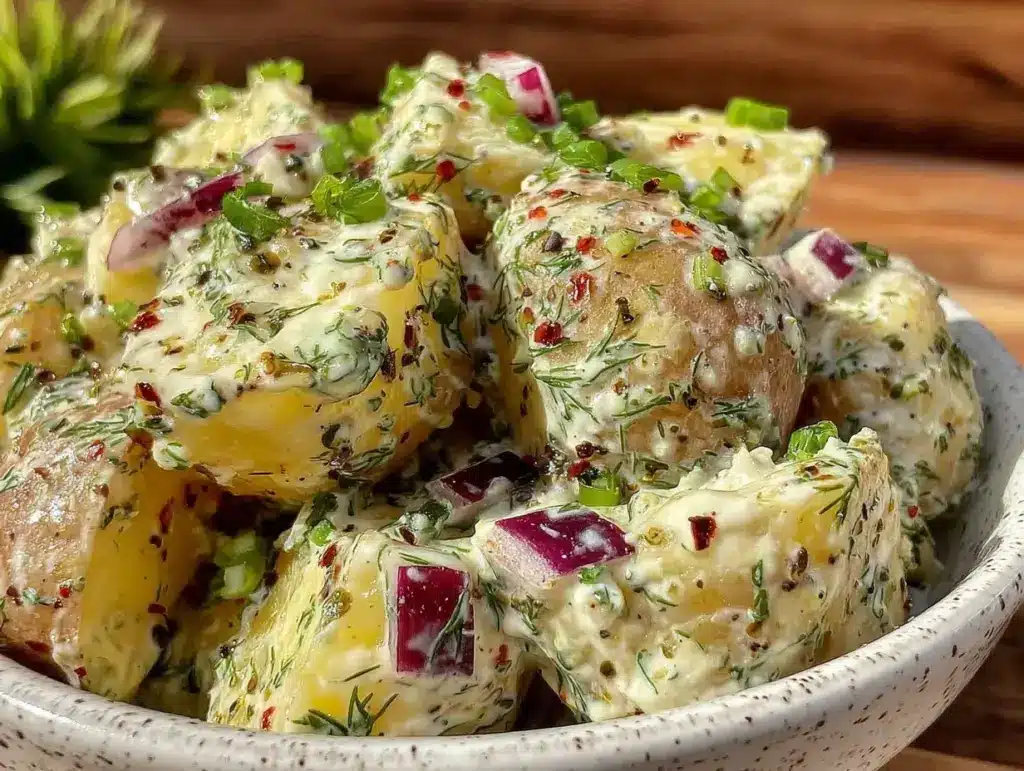 fresh creamy dill potato salad without mayo - featured image