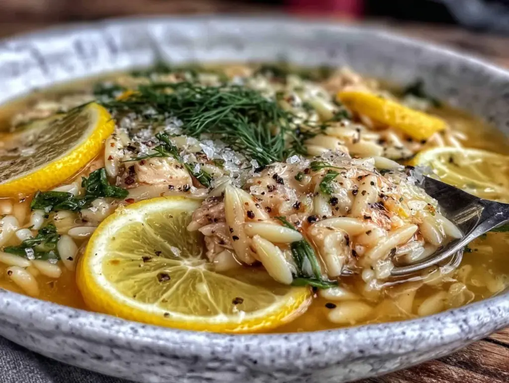 fresh greek lemon chicken soup with orzo - featured image
